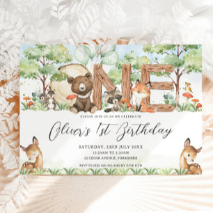 Cute Woodland Forest Animals Wood ONE 1st Birthday Invitation