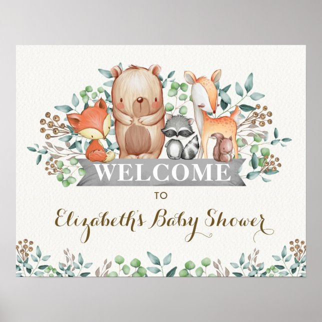 Cute Woodland Forest Birthday Baby Shower Poster (Front)