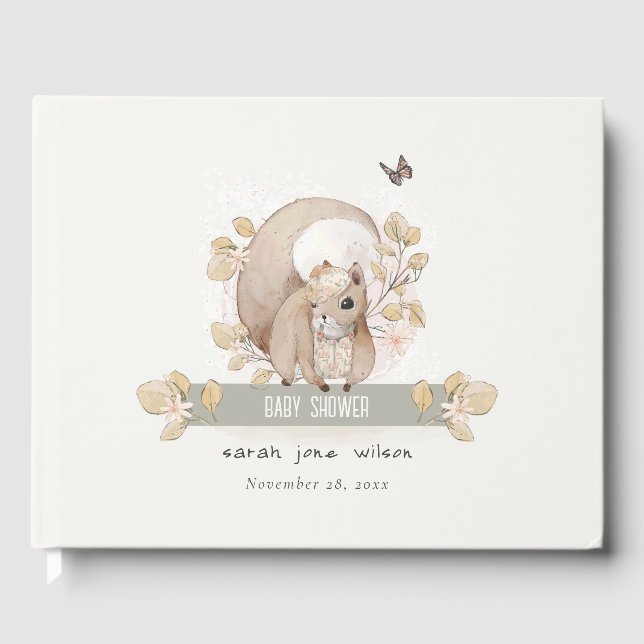 Cute Woodland Forest Floral Squirrel Baby Shower Guest Book (Front)