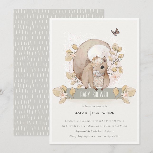 Cute Woodland Forest Floral Squirrel Baby Shower Invitation (Front/Back)