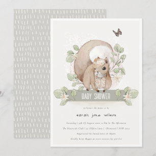Cute Woodland Forest Floral Squirrel Baby Shower Invitation