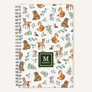 Cute Woodland Forest Greenery Animals Monogram Notebook