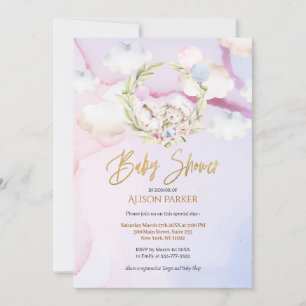 Cute Woodland Forest Rabbit Pink Sky Baby Shower Invitation