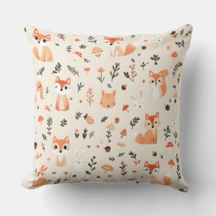 Cute Woodland Fox and Bunny  Pattern on White Cushion