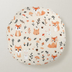 Cute Woodland Fox and Bunny Pattern on White Round Cushion