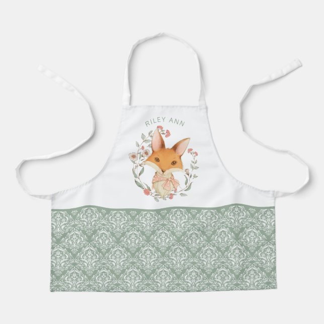 Cute Woodland Fox and Damask Pattern with Name Apron (Front)