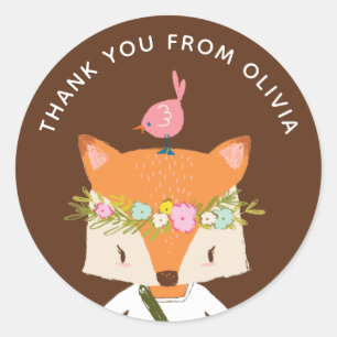 Cute woodland fox animal. Kids / baby thank you Classic Round Sticker