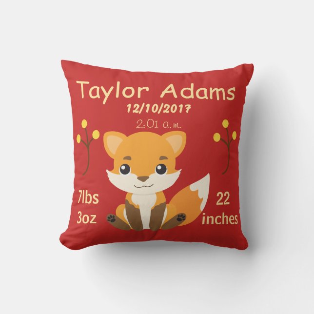 Cute Woodland Fox Baby Birth Announcement Cushion (Front)