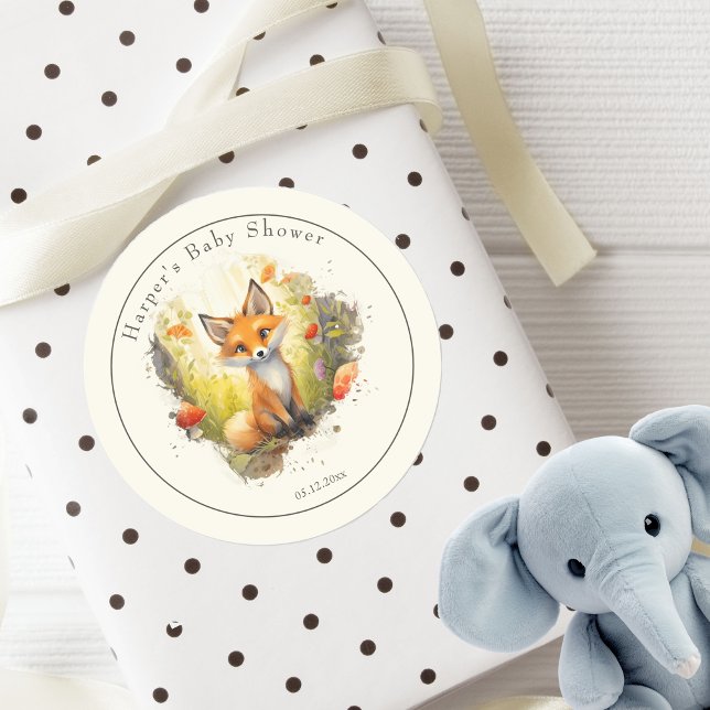 Cute Woodland Fox Baby Shower Favour  Classic Round Sticker (Creator Uploaded)