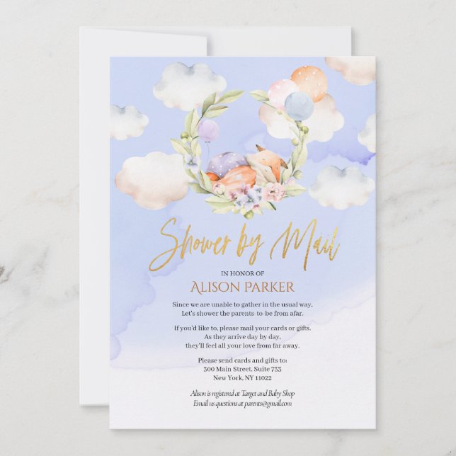 Cute Woodland Fox Blue Sky Baby Shower by Mail Invitation (Front)