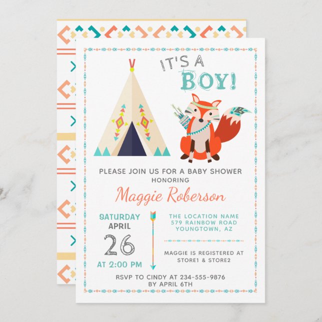 Cute Woodland Fox Boho Teepee Boy Baby Shower Invitation (Front/Back)