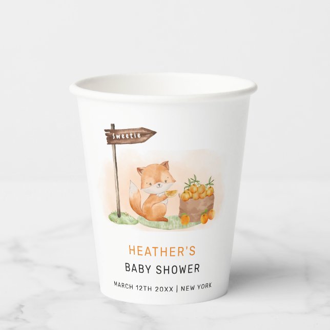 Cute Woodland Fox Citrus Orange Farm Baby Shower Paper Cups (Front)