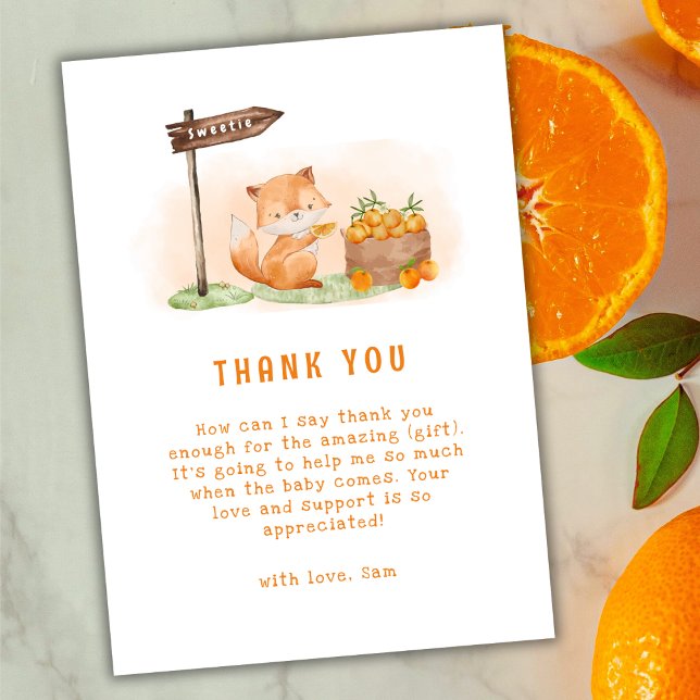 Cute Woodland Fox Citrus Orange Farm Baby Shower Thank You Card (Cute Woodland Fox Citrus Orange Farm Baby Shower Thank You Card)