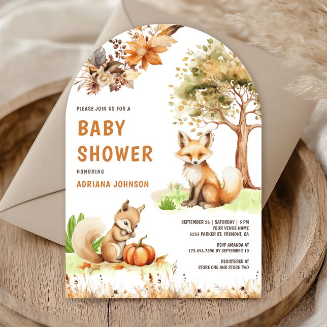 Cute Woodland Fox Fall Autumn Arch Baby Shower Invitation (Creator Uploaded)
