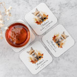 Cute Woodland Fox Fall Baby Shower Square Paper Coaster<br><div class="desc">Cute, woodland-themed baby shower coasters featuring a watercolor illustration of a baby fox sitting on fall leaves in shades of orange, red, and yellow. Personalise the baby fox baby shower coasters with the mother-to-be's name and date of baby shower. Designed to coordinate with our Cute Woodland Animals Fall Baby Shower...</div>