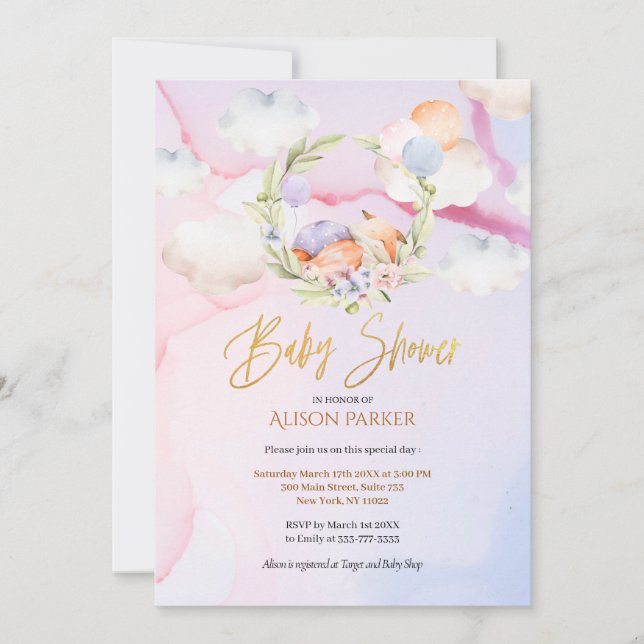 Cute Woodland Fox Floral Pink Sky Baby Shower Invitation (Front)