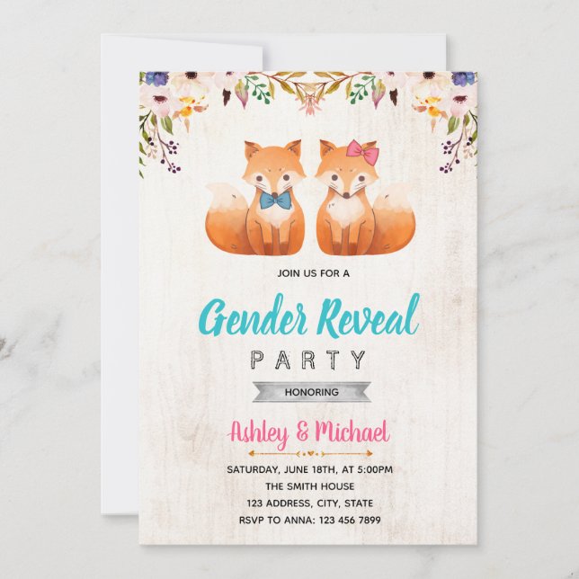 Cute woodland fox gender reveal invitation (Front)