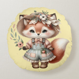 Cute Woodland Fox Girl Wearing Cottagecore Outfit Round Cushion
