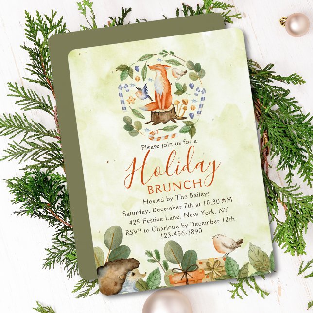 Cute Woodland Fox Holiday Brunch Rustic Watercolor Invitation (Creator Uploaded)