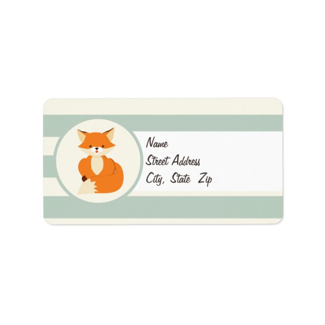Cute Woodland Fox on Sage Green Stripes Label (Front)