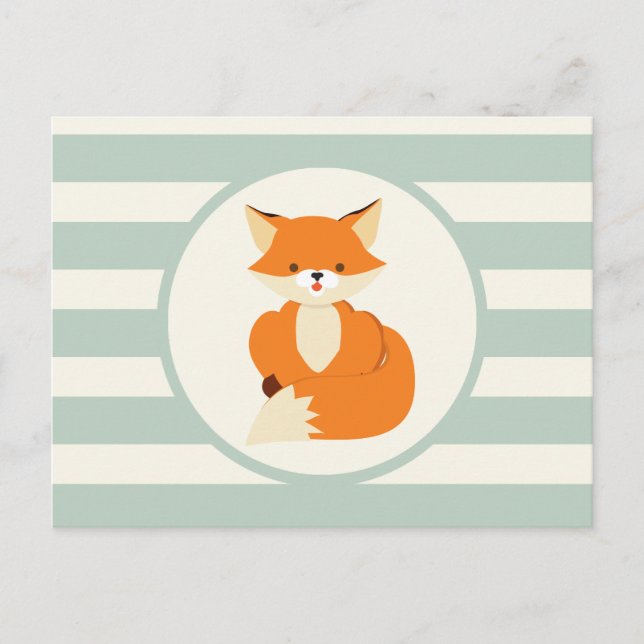 Cute Woodland Fox on Sage Green Stripes Postcard (Front)