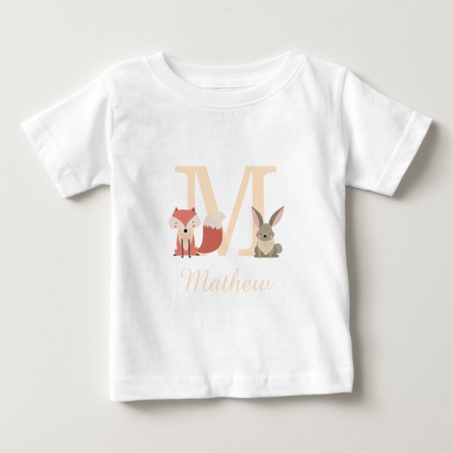 Cute Woodland Fox Rabbit Baby Monogram T-Shirt (Front)