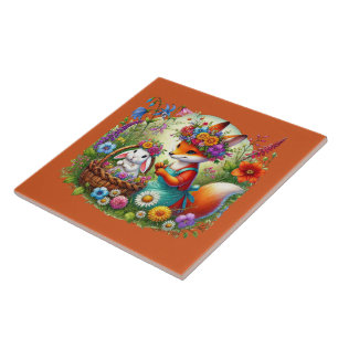 Cute woodland fox rabbit ceramic tile