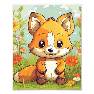 Cute Woodland Fox Tropical Flowers Photo Print