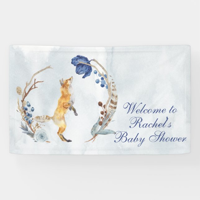 Cute Woodland Fox Watercolor Floral Baby Shower Banner (Horizontal)