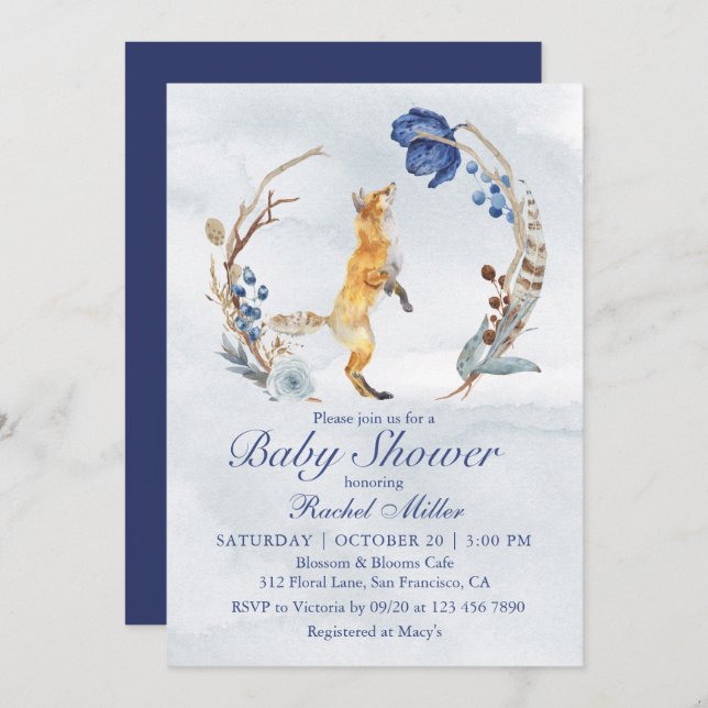 Cute Woodland Fox Watercolor Floral Baby Shower Invitation (Front/Back)