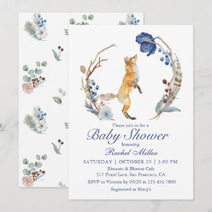 Cute Woodland Fox Watercolor Floral Baby Shower Invitation