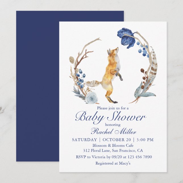 Cute Woodland Fox Watercolor Floral Baby Shower Invitation (Front/Back)