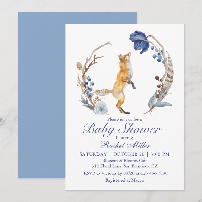 Cute Woodland Fox Watercolor Floral Baby Shower Invitation (Front/Back)