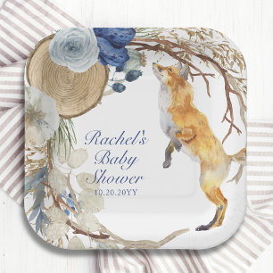 Cute Woodland Fox Watercolor Floral Baby Shower Paper Plate