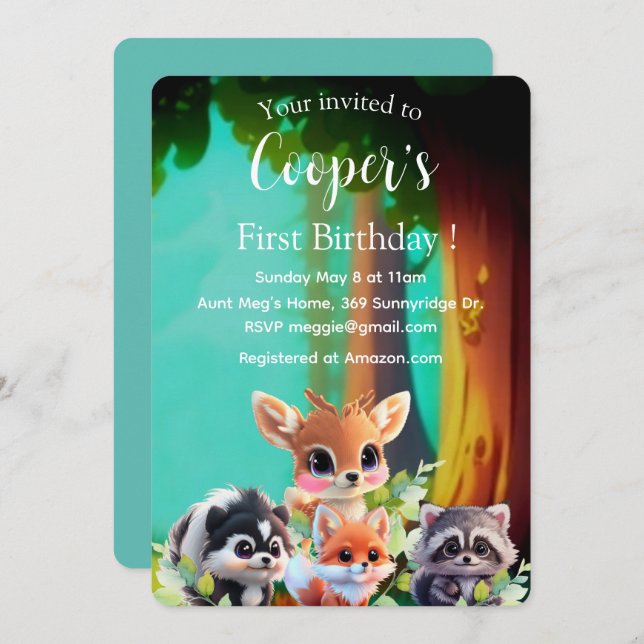 Cute Woodland friends fox skunk racoon deer (Front/Back)