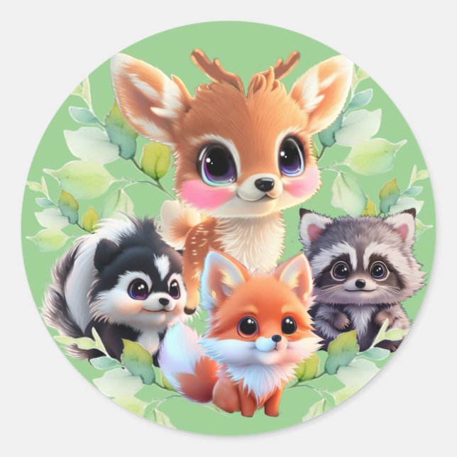 Cute Woodland friends fox skunk racoon deer Classic Round Sticker (Front)