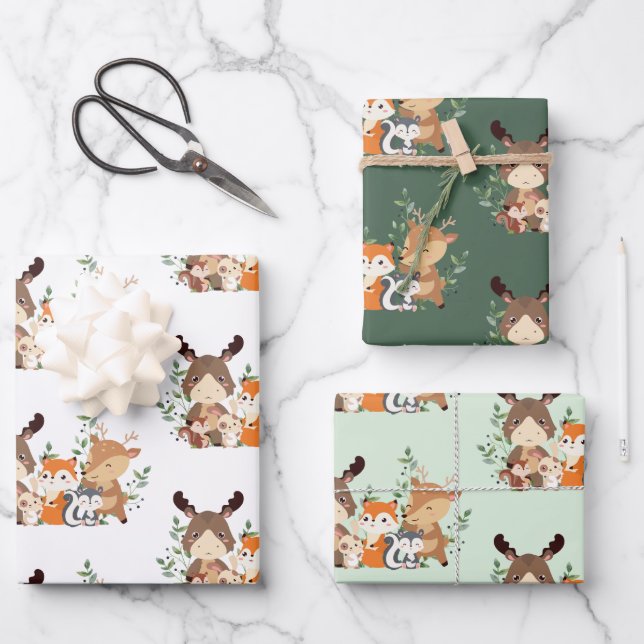 Cute Woodland Green Forest Animals Wrapping Paper (Front)