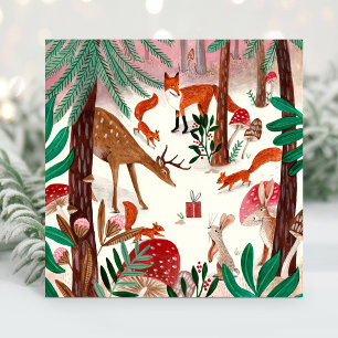 Cute Woodland green & pink woodland animals Forest Holiday Card