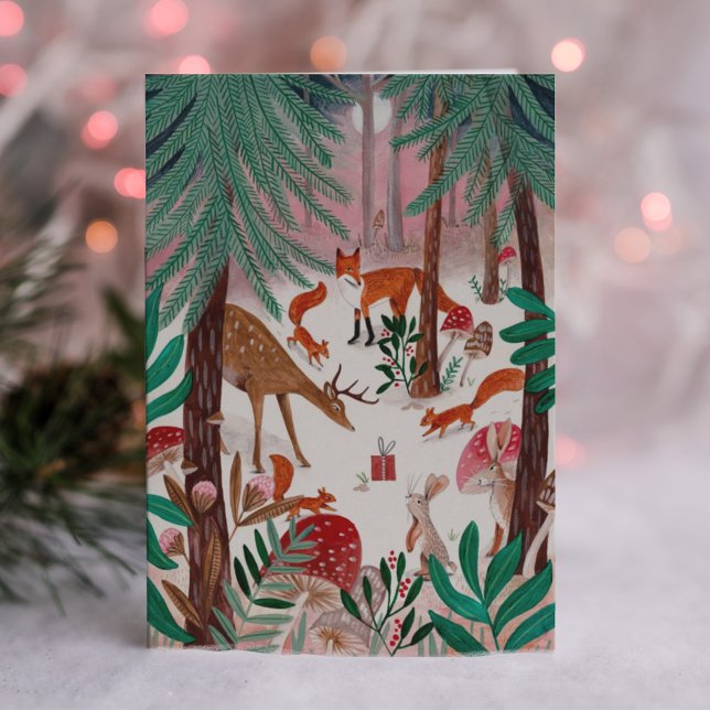 Cute Woodland green & pink woodland animals Forest Holiday Card (Creator Uploaded)