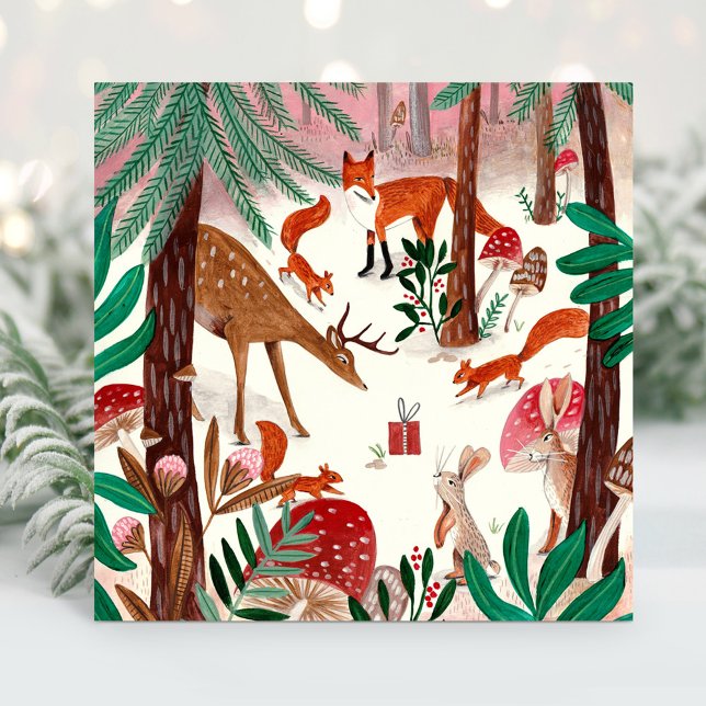 Cute Woodland green & pink woodland animals Forest Holiday Card (Cute Woodland green & pink woodland animals Forest Holiday Card)