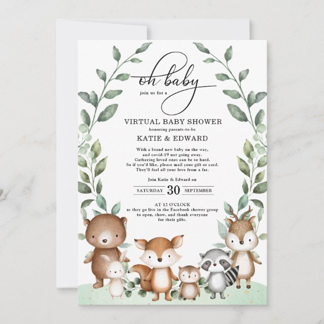 Cute Woodland Greenery Animals Virtual Baby Shower Invitation (Front)