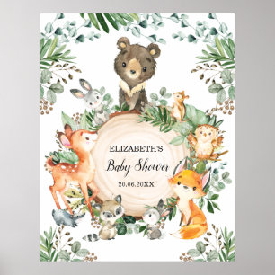 Cute Woodland Greenery Baby Animals Shower Party Poster