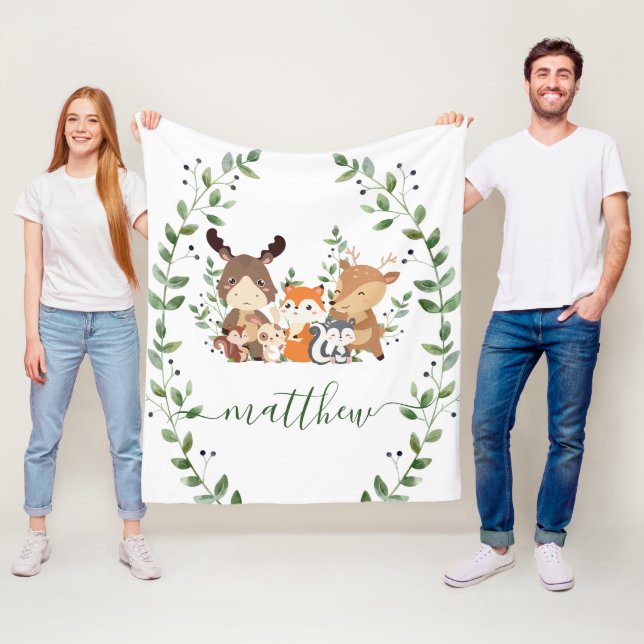Cute Woodland Greenery Forest Animals Boy Nursery Fleece Blanket (In Situ)