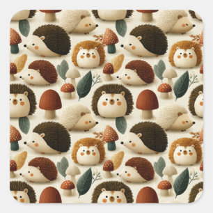 Cute Woodland Hedgehog and Mushroom Pattern Square Sticker
