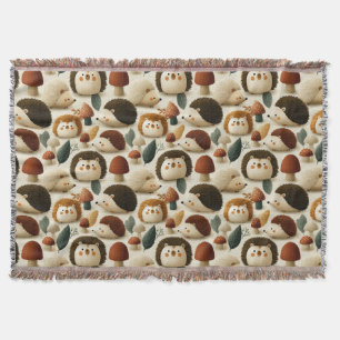 Cute Woodland Hedgehog and Mushroom Pattern Throw Blanket