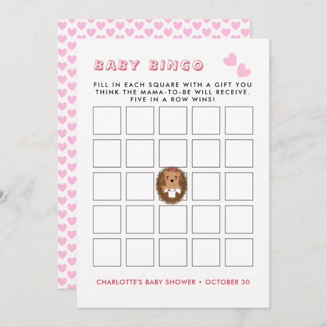 Cute Woodland Hedgehog Baby Girl Shower Bingo Game Invitation (Front/Back)