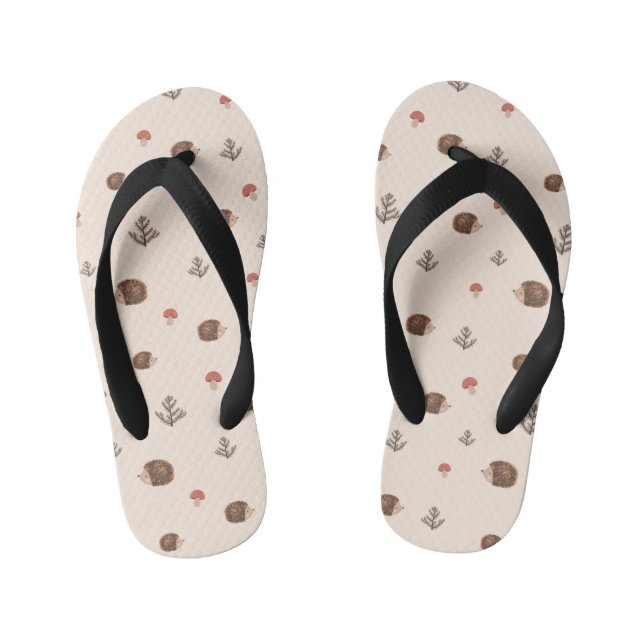 Cute Woodland Hedgehog & Mushroom Pattern Kid's Thongs (Footbed)
