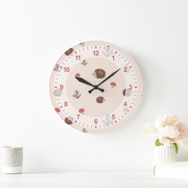 Cute Woodland Hedgehog & Mushroom Pattern Large Clock (Home)