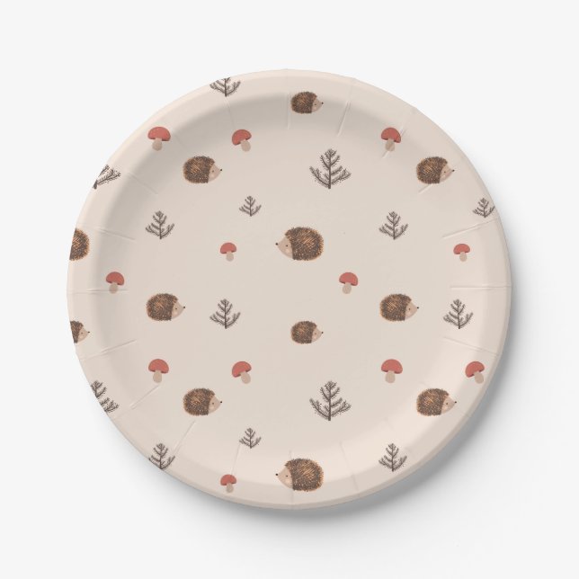Cute Woodland Hedgehog & Mushroom Pattern Paper Plate (Front)