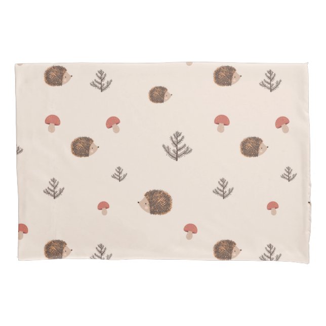 Cute Woodland Hedgehog & Mushroom Pattern Pillowcase (Front)